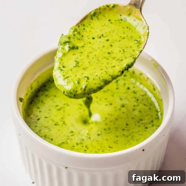 An image of a spoon scooping up a spoonful of cilantro lime dressing.