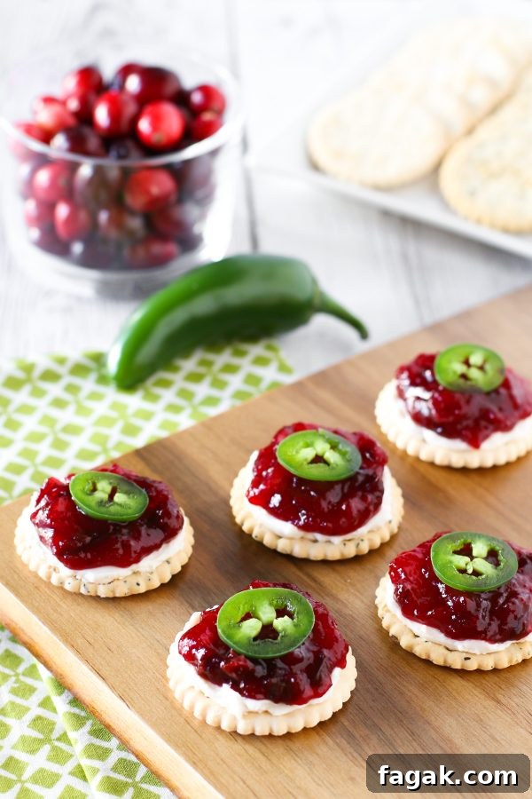 Sweet and Spicy Cranberry Jalapeño Chutney. Served on top of Glutino gluten free crackers with a little dairy free cream cheese and fresh jalapeño slices.