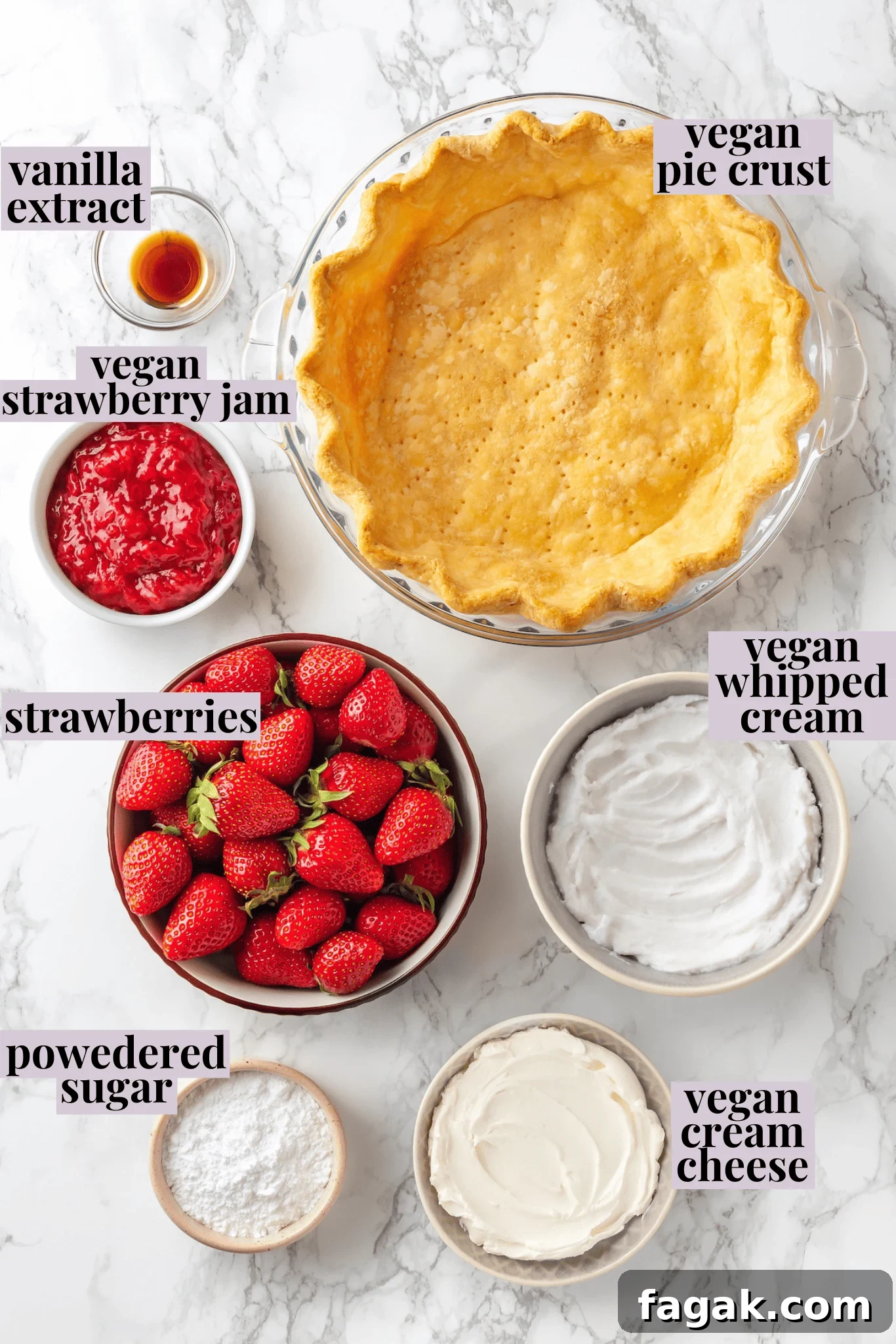 Overhead view of ingredients for strawberry cream pie with labels