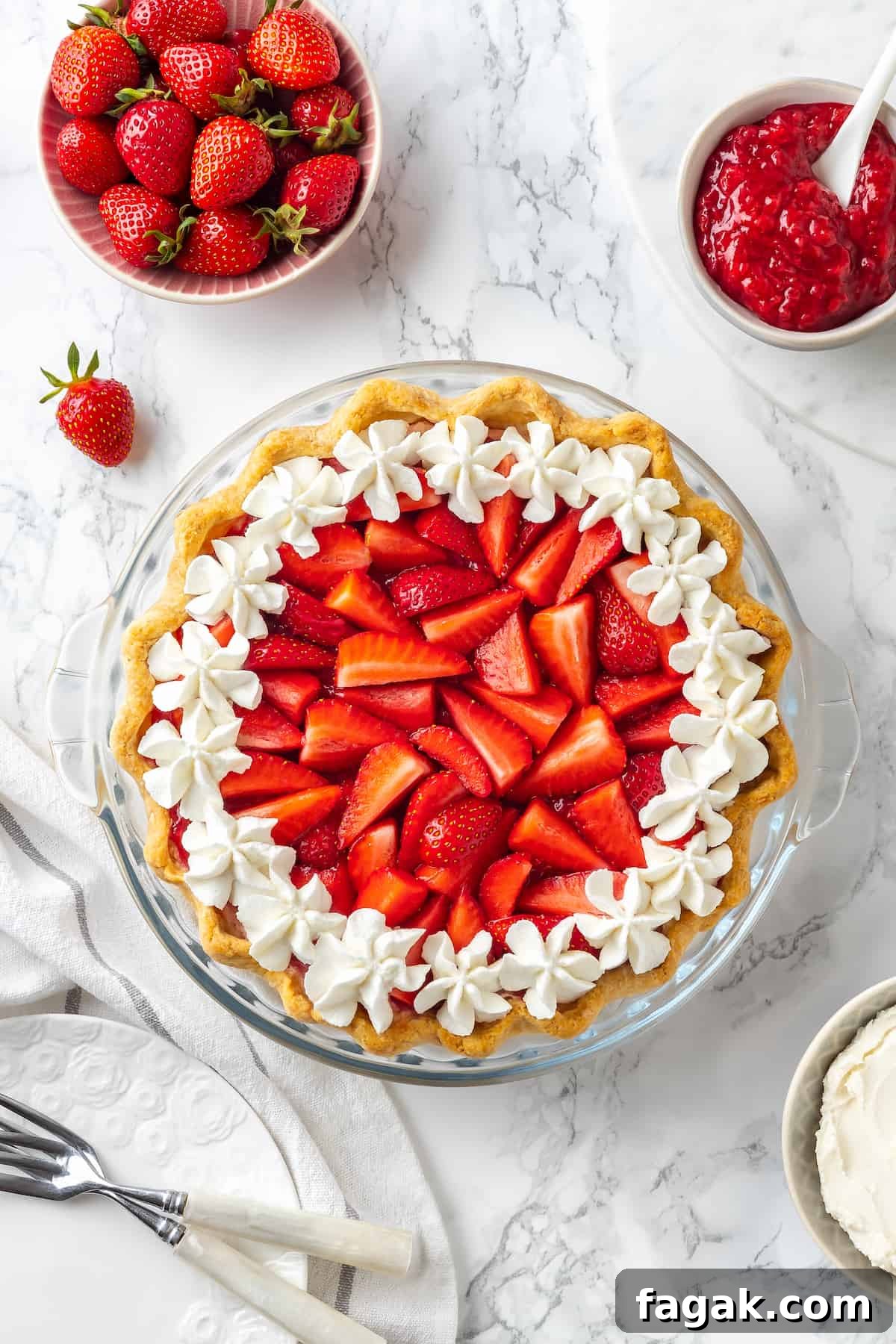 Overhead view of no-bake strawberry cream pie