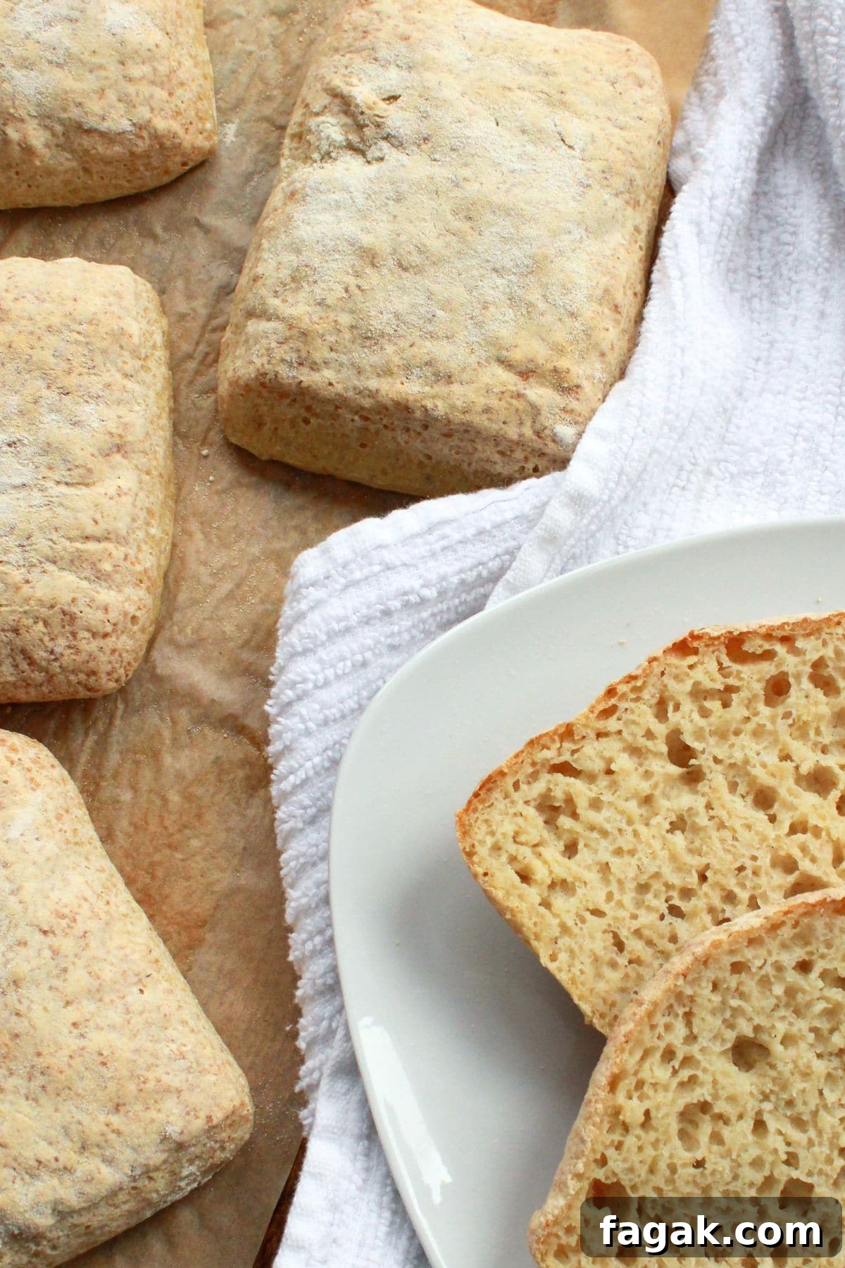 Top down view of ciabatta buns on parchment paper.
