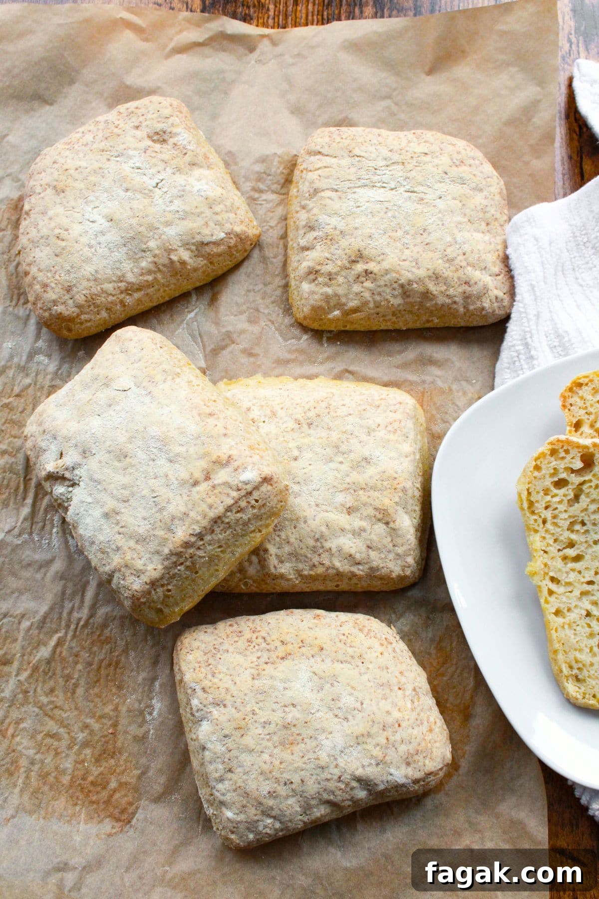 Top down view of gluten-free ciabatta bread on parchment-lined board.