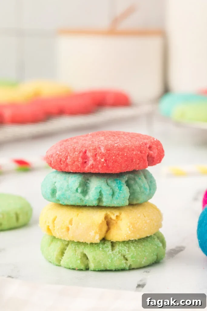 a red, blue, yellow, and green jello cookie stacked on top of each other