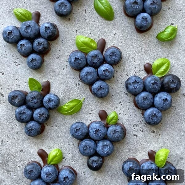 Clusters of blueberries arranged on a gray surface, each with a small basil leaf and some chocolate at the base to resemble miniature grape bunches.