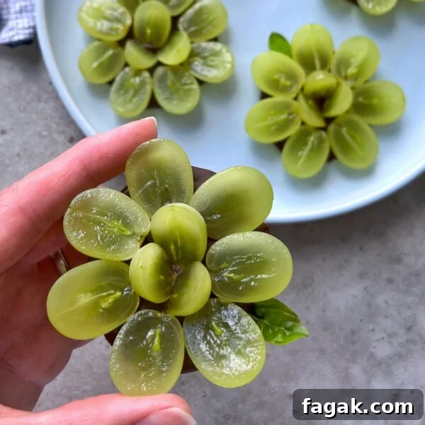 A hand holds a flower-shaped arrangement made from sliced green grapes, creating healthy bites displayed over a gray surface, with more grape flowers on a white plate in the background.