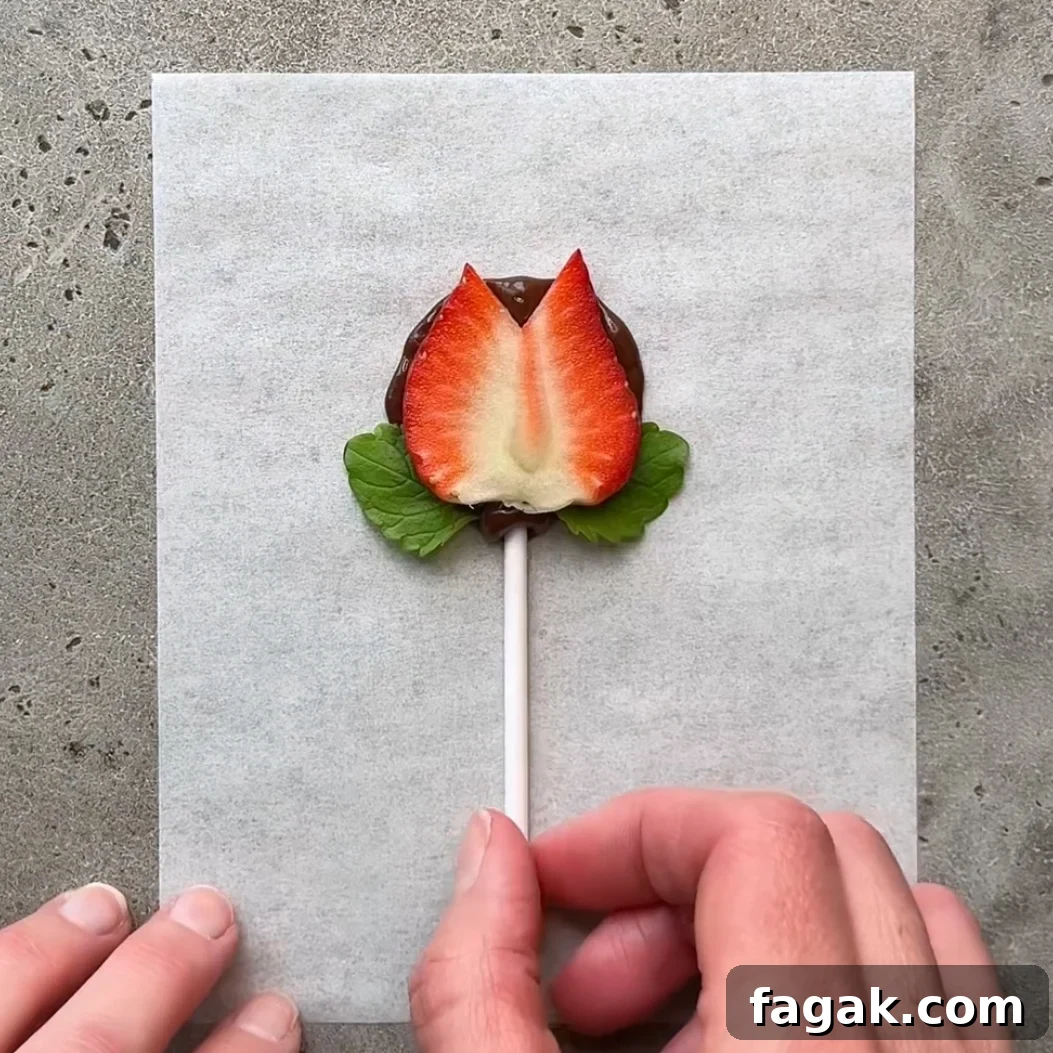 A chocolate-covered treat on a stick with a strawberry slice shaped like a tulip and small green leaves.
