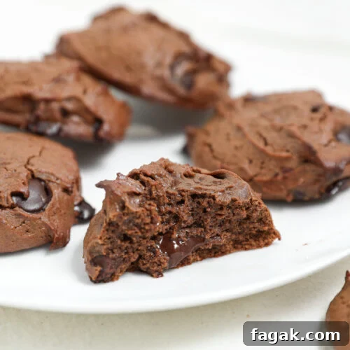 Fudgy protein brownie cookies with melted chocolate chips on a white plate