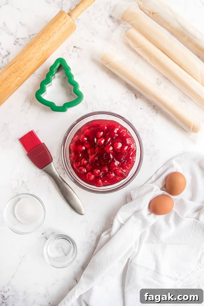 Top down view of ingredients needed for cherry hand pies.