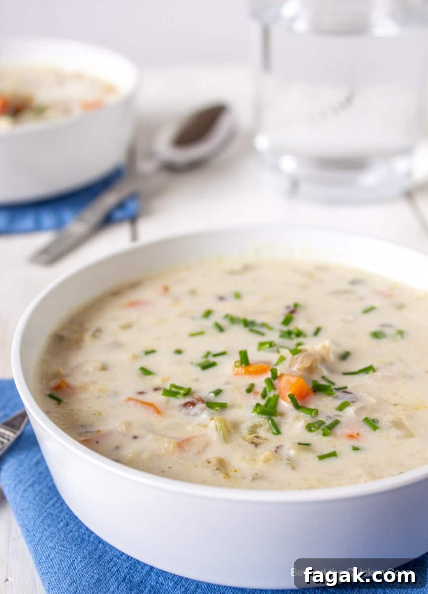 A bowl of creamy soup with chicken and rice.
