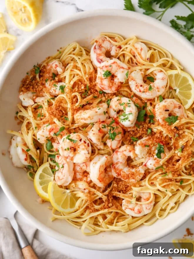 closeup of shrimp scampi pasta in a big bowl