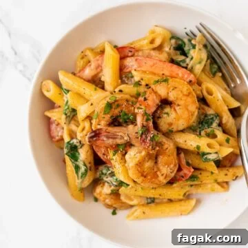 a top down view of a bowl of cajun shrimp pasta