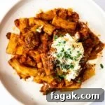 a top down view of a plate of lamb ragu