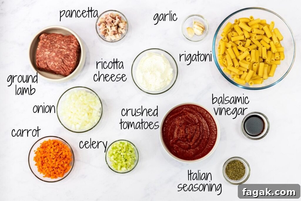 ingredients for lamb ragu with text labels.