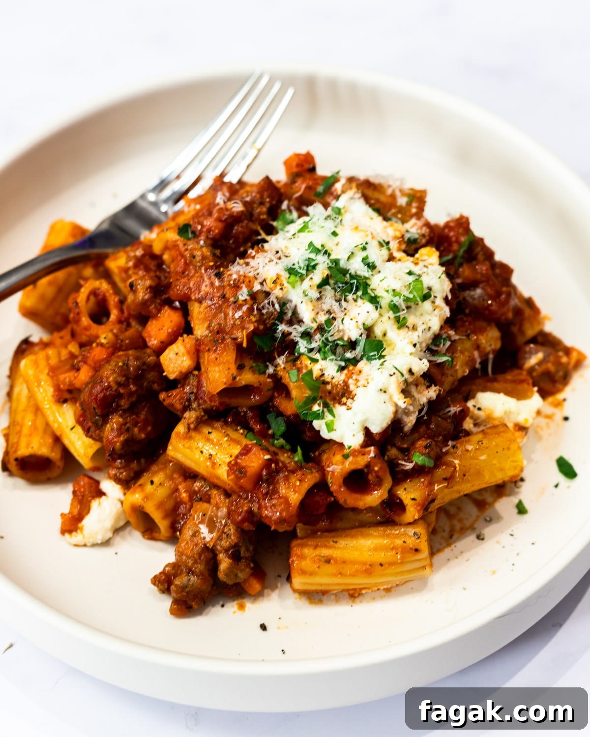 a side view of a plate of lamb ragu with rigatoni and ricotta.