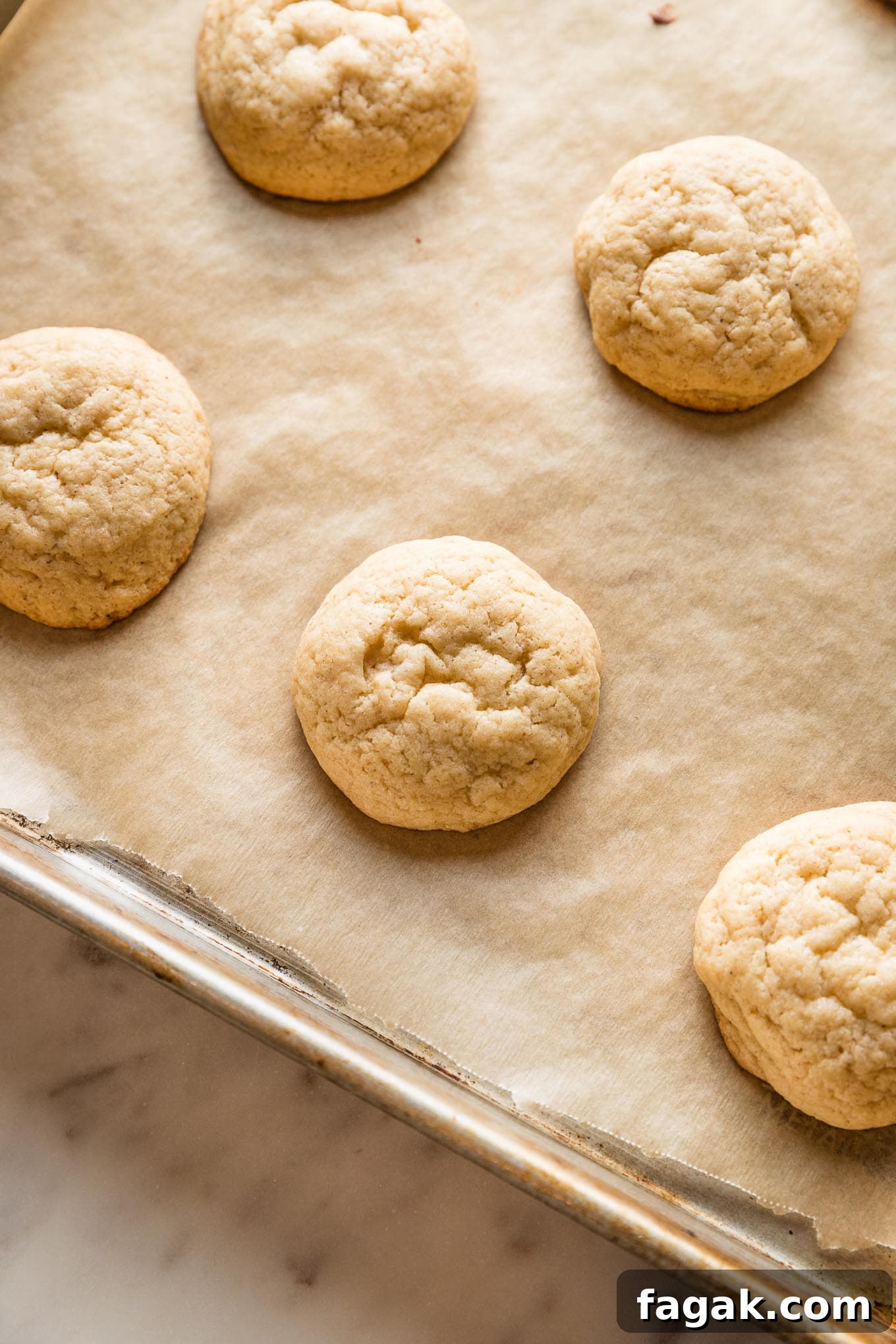 Just-baked eggnog sugar cookies cooling on a parchment paper-lined baking sheet.