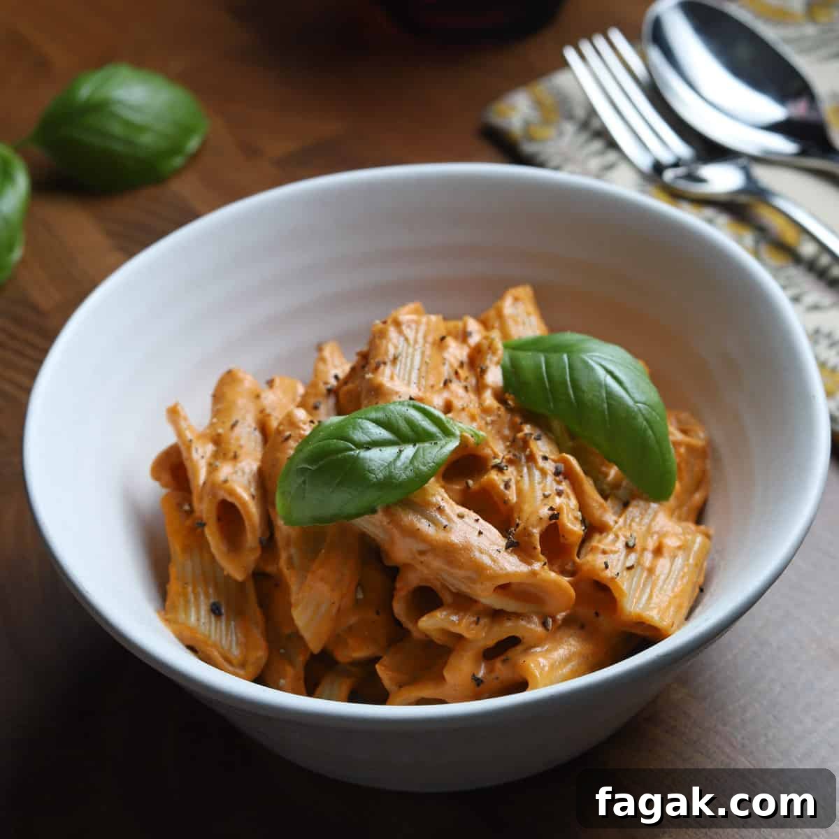 Photo of a bowl of vegan creamy tomato pasta on a wooden tabletop with cutlery and napkin.