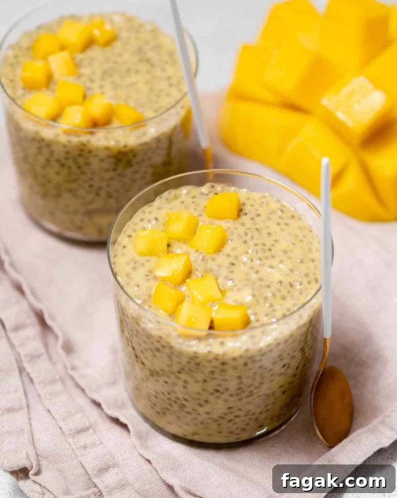 Creamy Mango Chia Pudding Recipe for Tropical Breakfast 2 side and top shot of two cups of mango chia pudding in a cup topped with fresh chopped mango