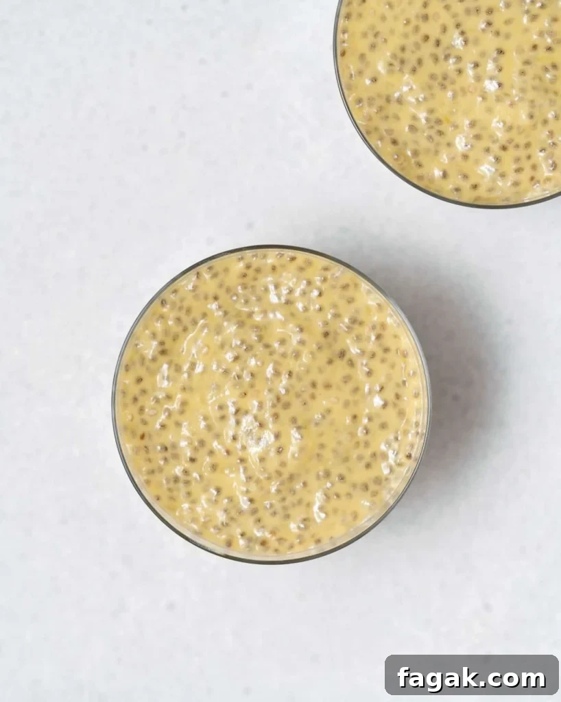 Creamy Mango Chia Pudding Recipe for Tropical Breakfast 12 top view mango chia pudding in a glass jar