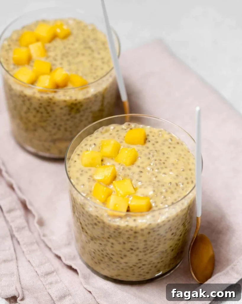 Creamy Mango Chia Pudding Recipe for Tropical Breakfast 15 top side shot of chia pudding in 2 cups that are mango based