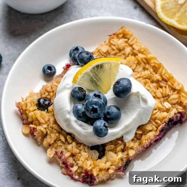 Creamy Mango Chia Pudding Recipe for Tropical Breakfast 20 side shot of a blueberry oatmeal bake piece on a white plate