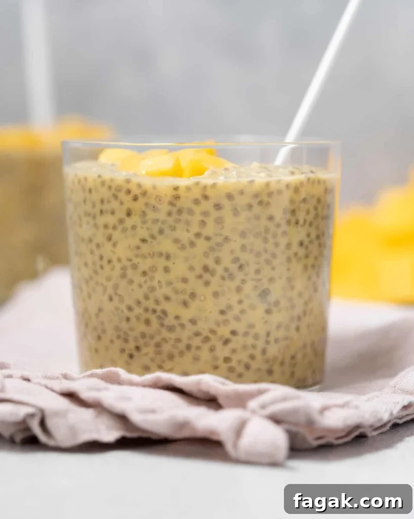 Creamy Mango Chia Pudding Recipe for Tropical Breakfast 3 side shot of a clear cup filled with chia seed pudding made with mango and coconut milk