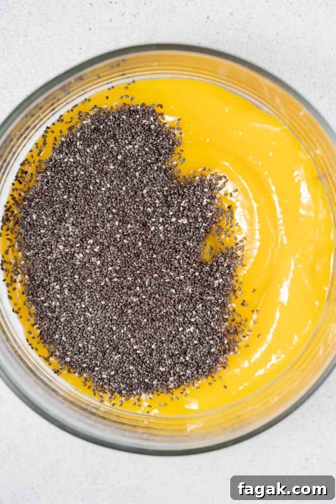 Creamy Mango Chia Pudding Recipe for Tropical Breakfast 8 chia seeds added over pureed mango