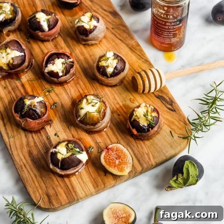 Prosciutto-Wrapped Figs with Goat Cheese Appetizer on serving board.