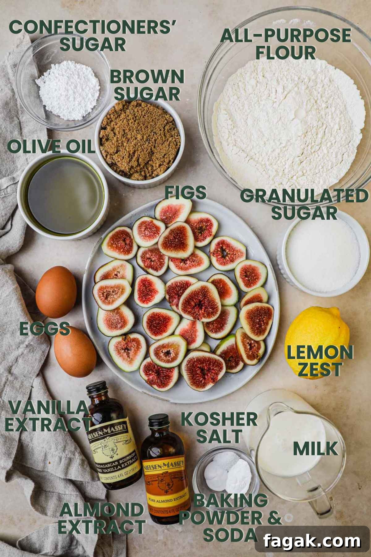 Ingredients for fig and almond olive oil cake, flour, figs, olive oil, brown sugar, milk, sugar, eggs, vanilla extract, almond extract, baking soda and powder, kosher salt.