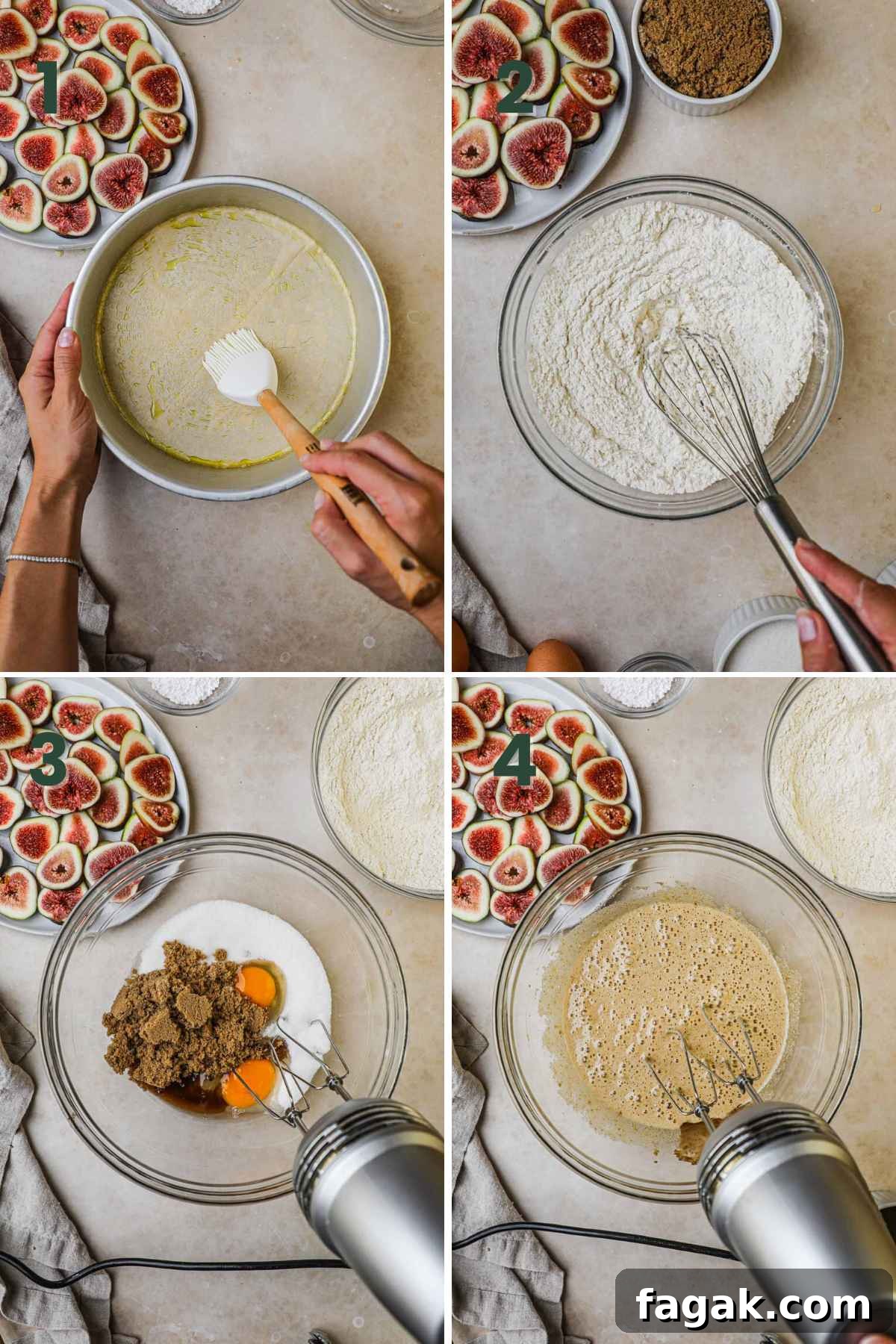 Steps to make fig almond olive oil cake, grease cake pan; whisk flour, baking soda and powder, kosher salt; cream sugars, eggs, olive oil until light.