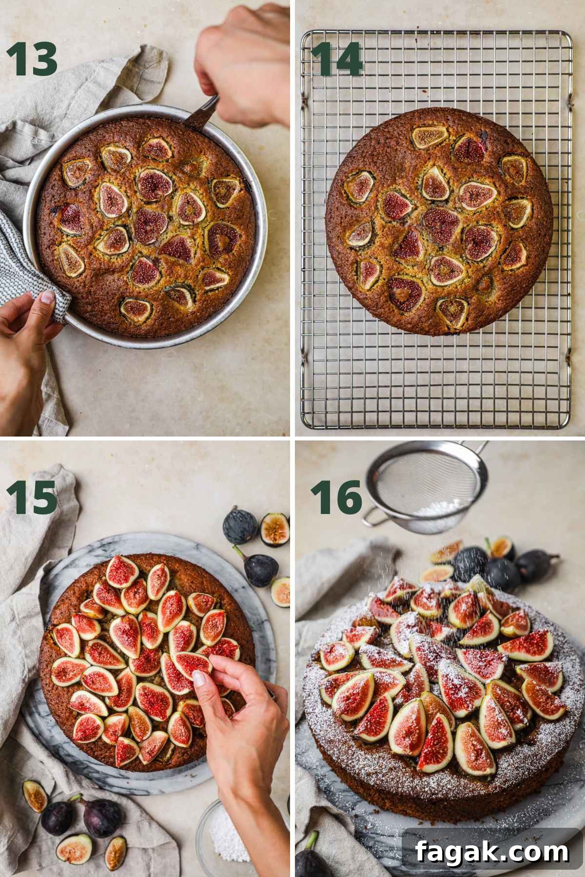 Steps to make fig almond olive oil cake, bake and cool cake on wire rack, top with sliced figs and powdered sugar.