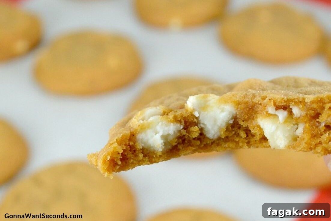 Pumpkin Spice Cookies cut in half, showing white chocolate chips inside