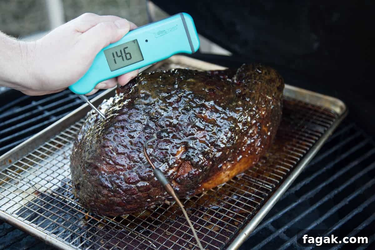 Taking temperature of a smoked ham with a Thermoworks digital thermometer