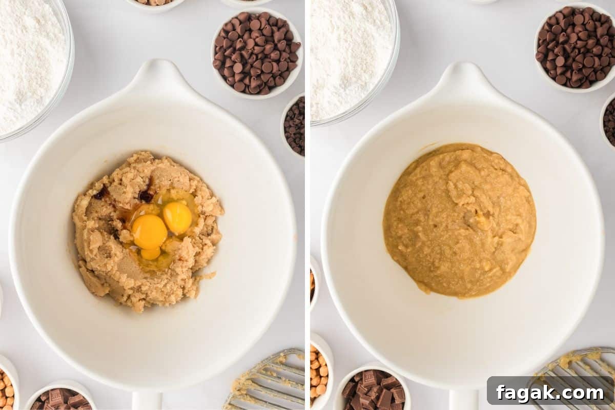 Wet ingredients for kitchen sink cookies being combined in mixing bowl.