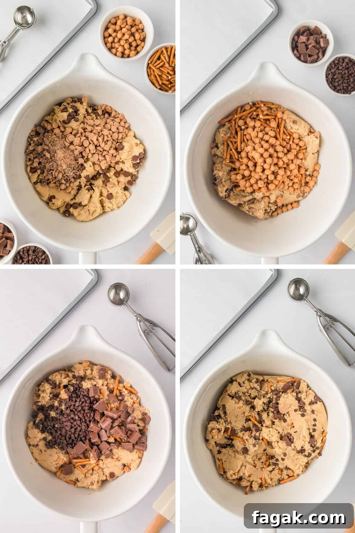 Four image collage of mix-ins being added to cookie dough two at a time.