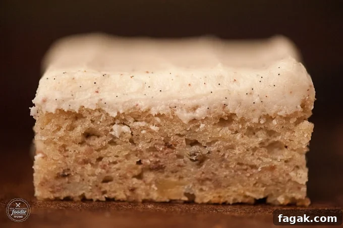 side view of a banana bar with vanilla bean frosting