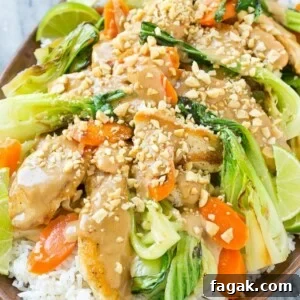 Thai peanut chicken stir fry with seared chicken and vegetables in peanut sauce.