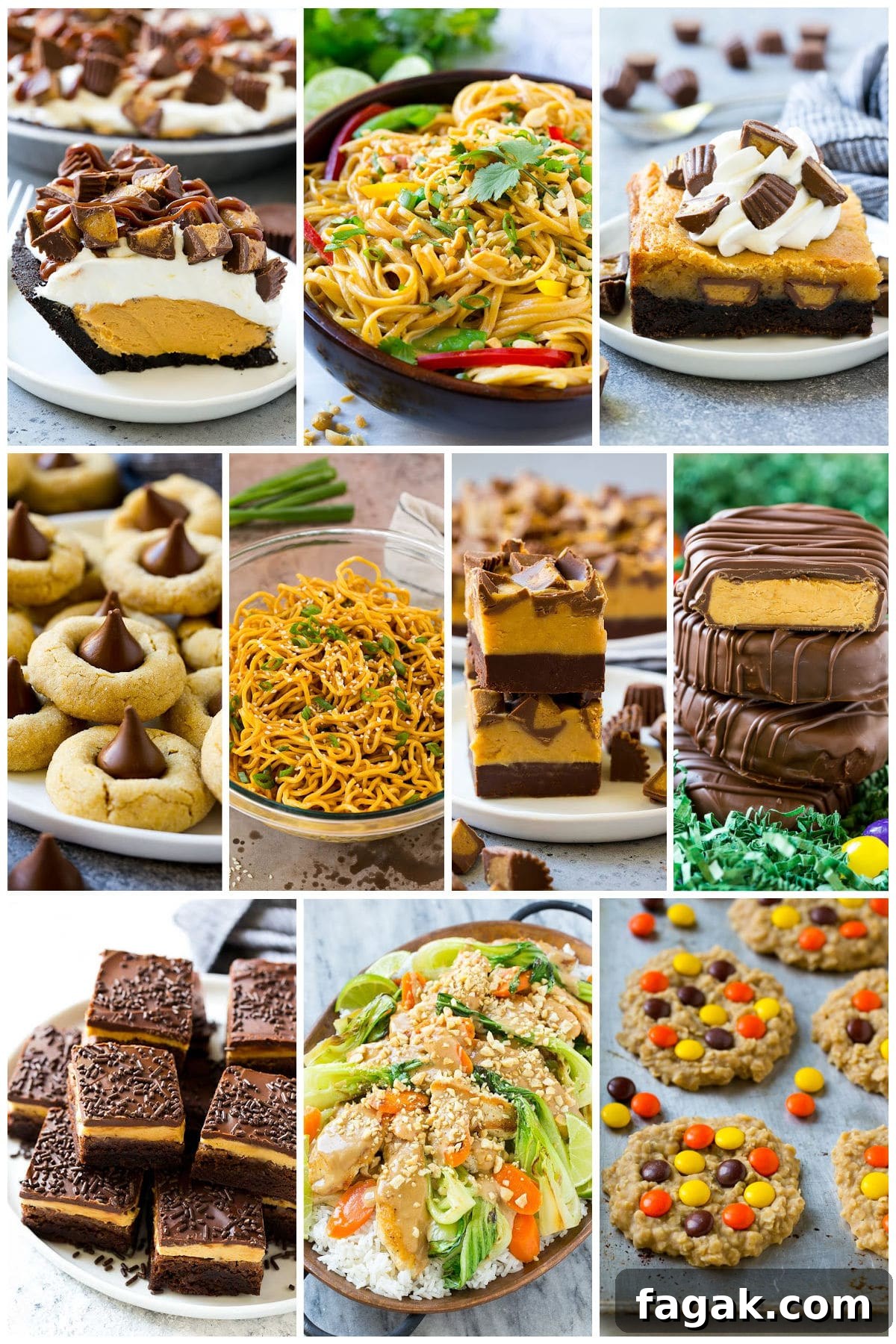 10 Delicious Peanut Butter Recipes for Every Meal 3 A group of sweet and savory peanut butter recipes like sesame noodles and chocolate peanut butter pie.