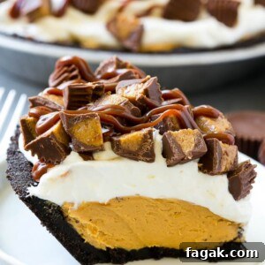 A slice of chocolate peanut butter pie topped with whipped cream, chocolate sauce and peanut butter cups.