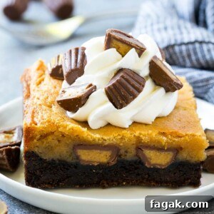 Peanut butter chocolate gooey butter cake topped with whipped cream and peanut butter cups.