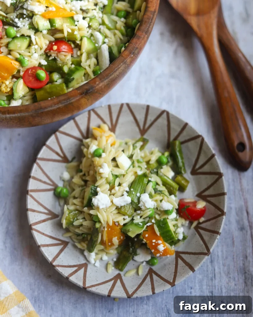 Single serving plate of orzo and asparagus salad with peppers, peas, cherry tomatoes and a Dijon mustard dressing with the serving bowl of salad in the background.