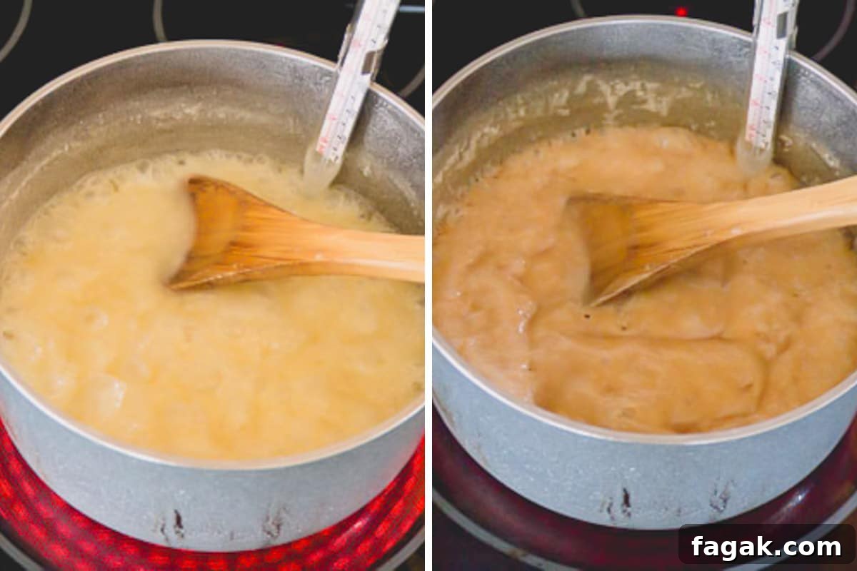 Caramel being cooked in a pot on the stove with a wooden spoon.