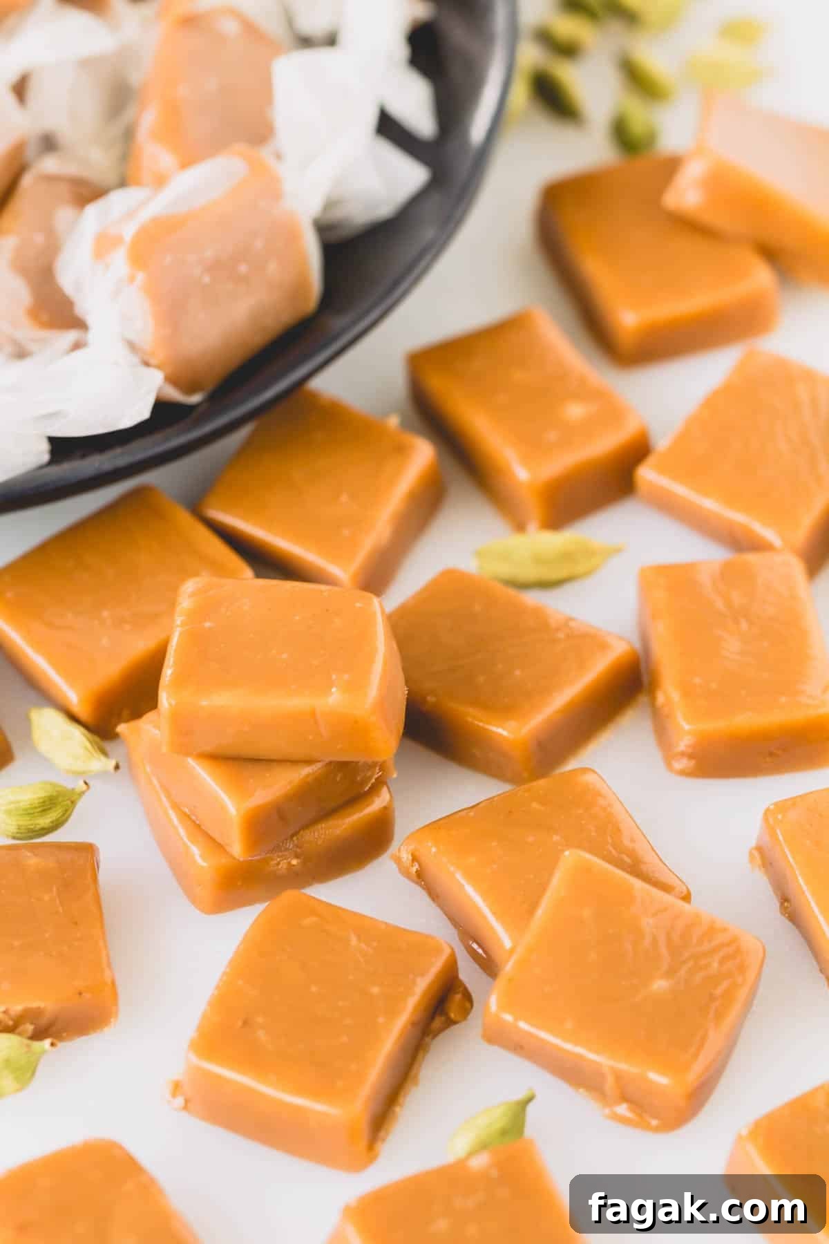 Cardamom caramel candy pieces.