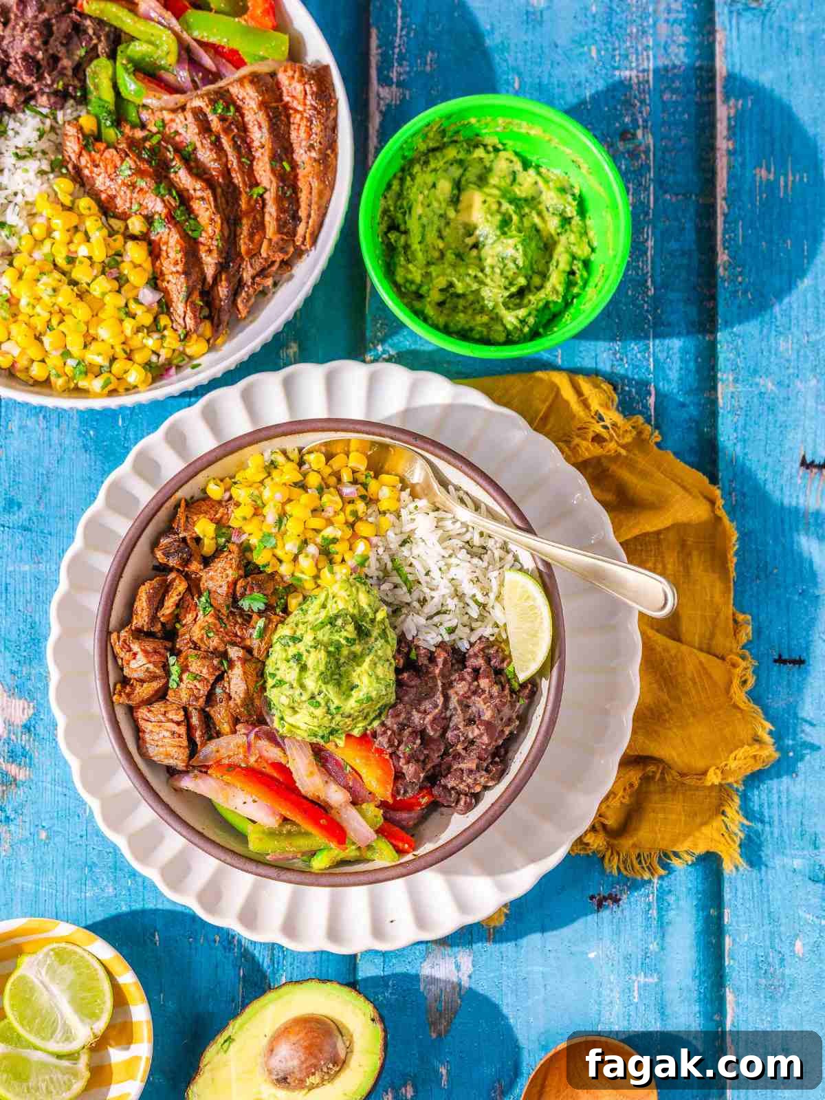 Burrito bowl with vegetables and guacamole.