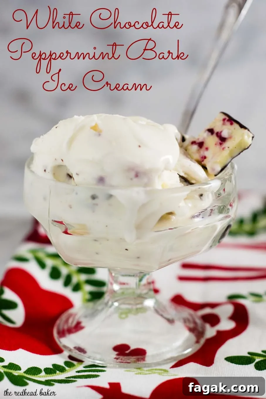 White Chocolate Peppermint Bark Ice Cream Recipe for the Holidays 4 Rich white chocolate peppermint bark ice cream is a delicious holiday treat, with bits of the popular Christmas treat mixed throughout the ice cream.