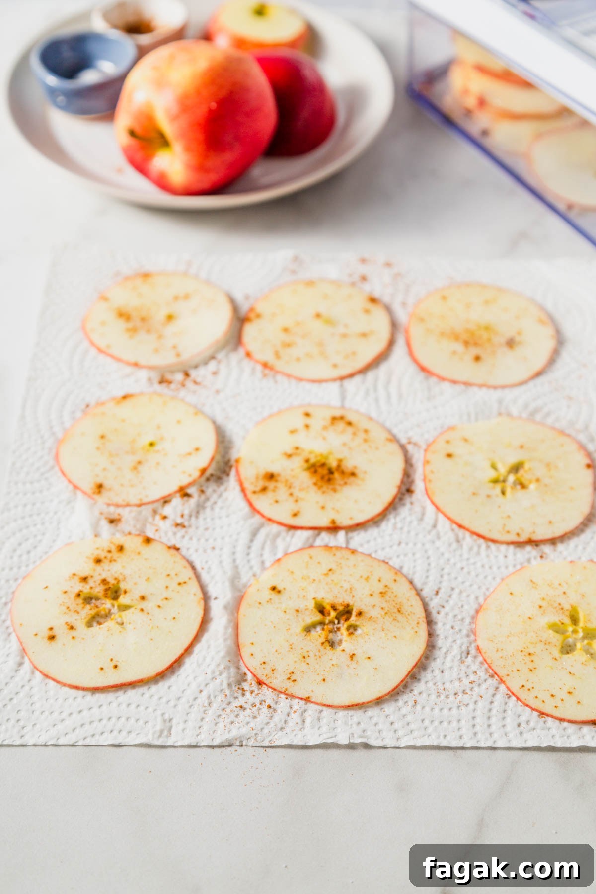 drying the apple slices and sprinkling with cinnamon.