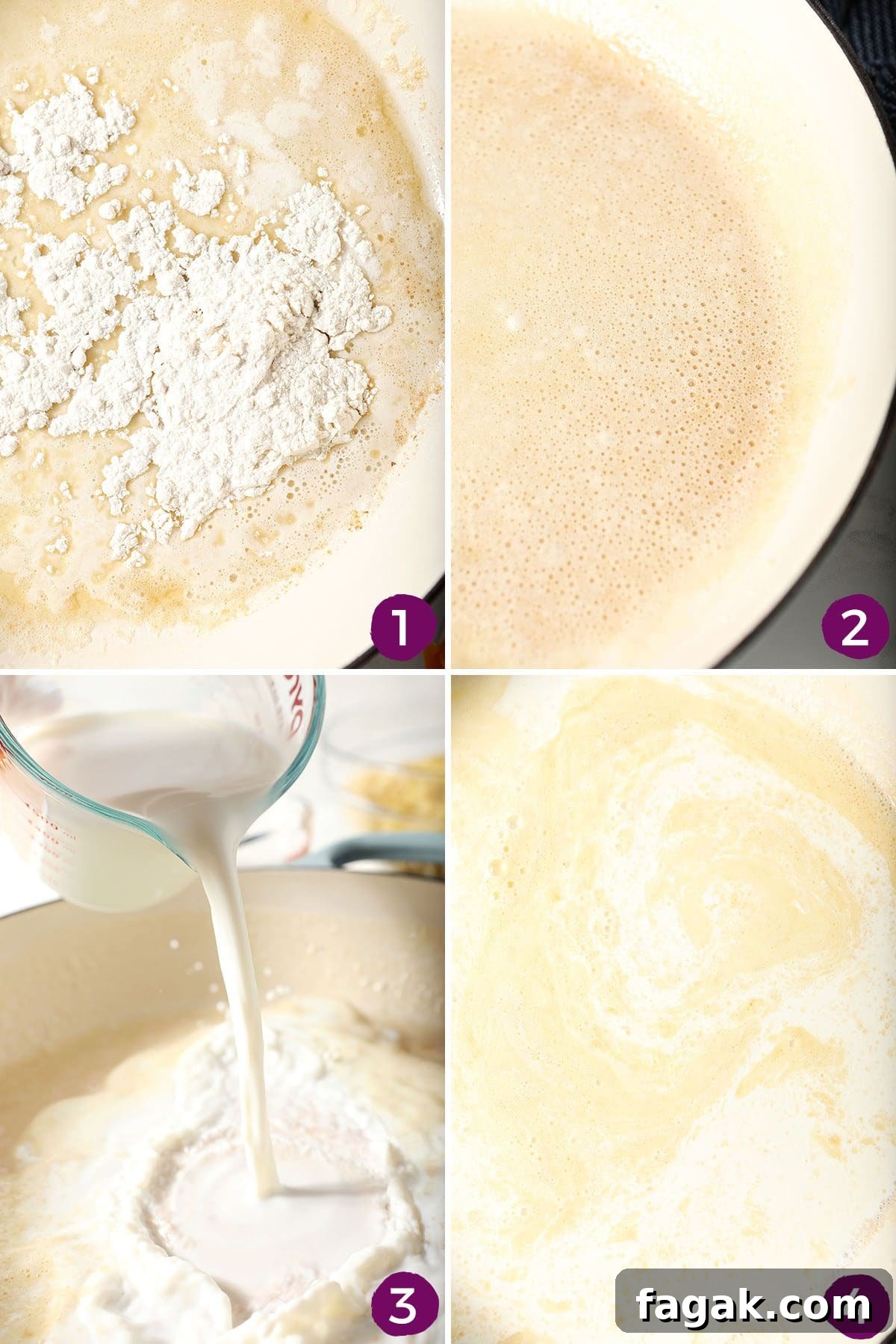 Collage showing how to make the base for the macaroni and cheese sauce