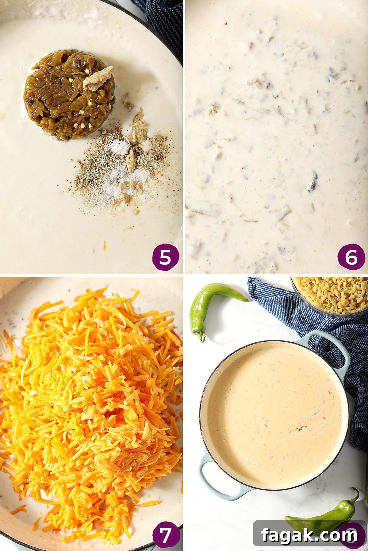 Collage showing how to add green Chile peppers and other ingredients to make the cheese sauce for macaroni