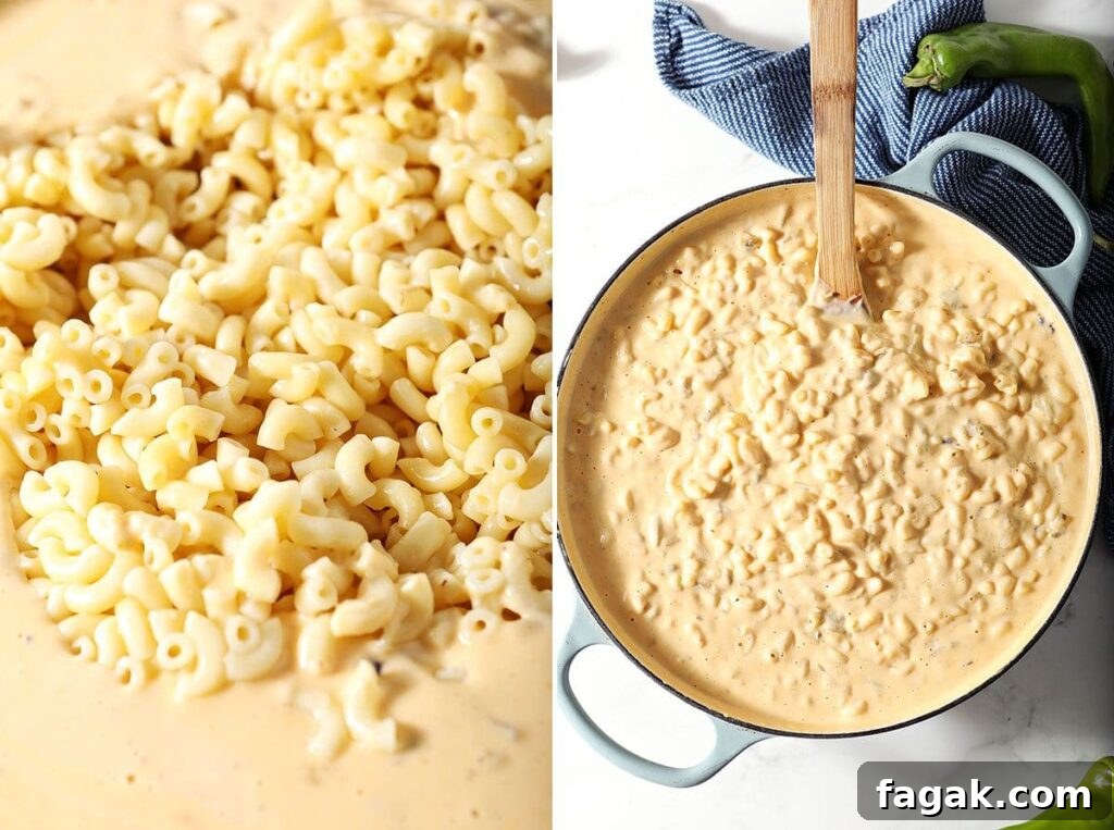 Collage showing macaroni before the noodles are added and after