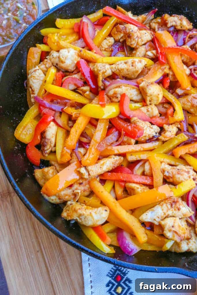 Chicken fajitas in cast iron skillet