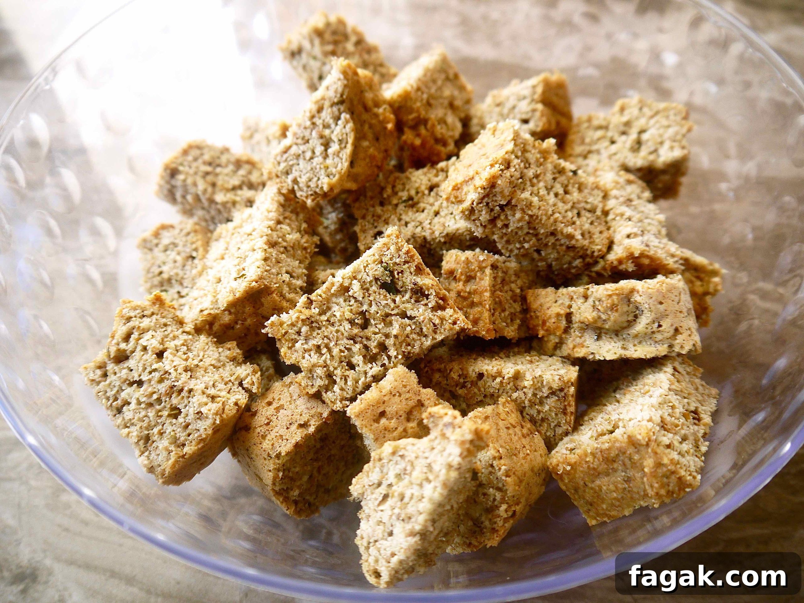 Cubed flaxseed bread in a bowl.